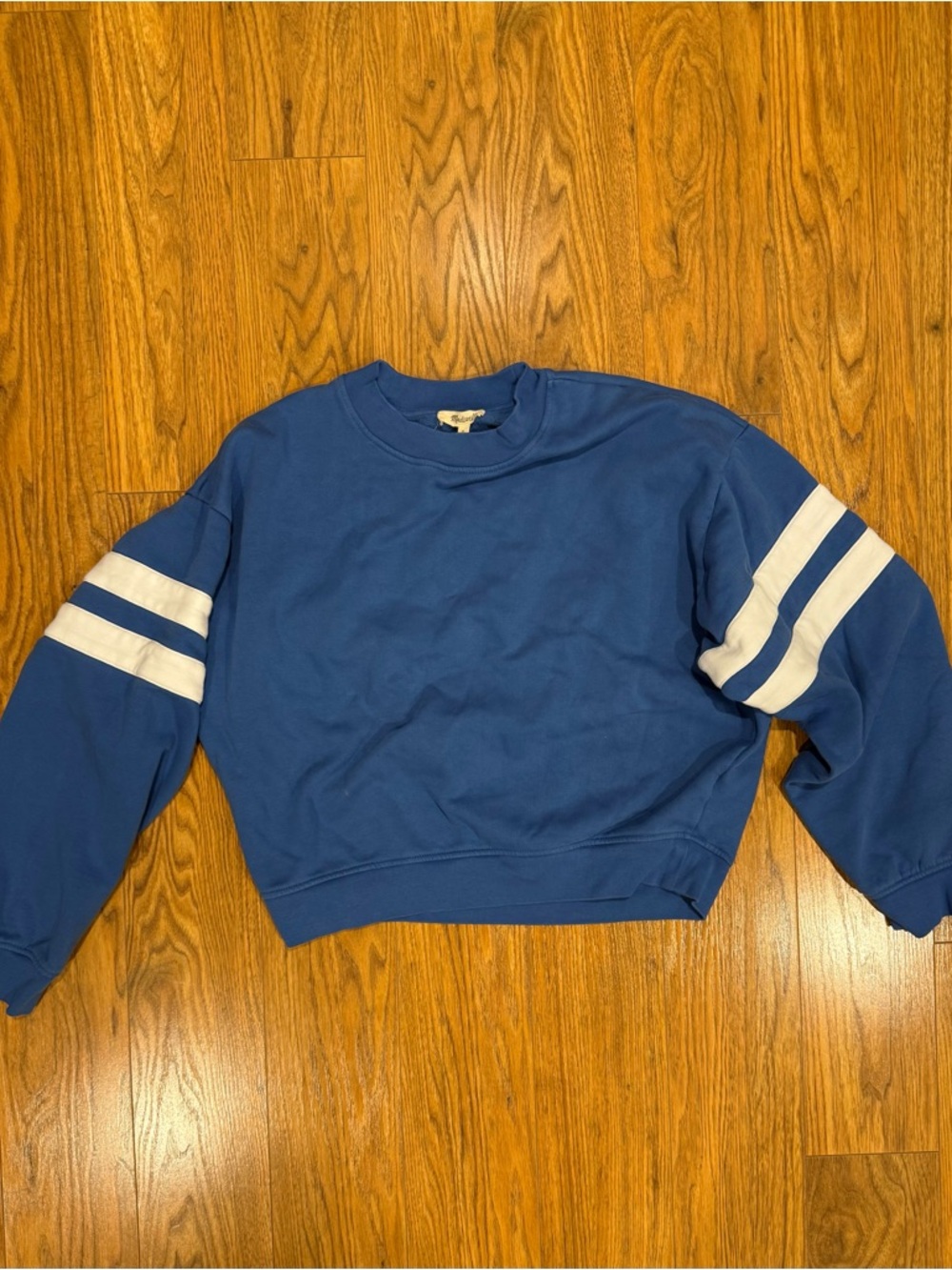 Madewell Blue Crewneck Sweater with White Sleeve Stripes